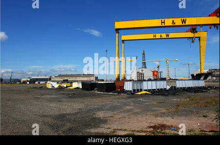 Heavy industrial shipbuilding cranes Sampson and Goliath at harland and Wolff shipyard Belfast. The famous home of SS Titanic Stock Photo