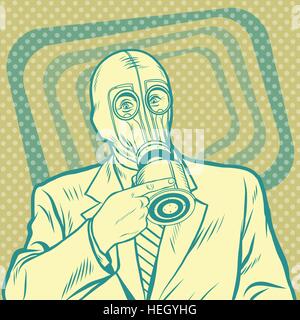 Pop art retro man in gas mask pointing sideways Stock Vector