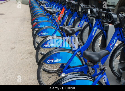 NEW YORK - APRIL 27, 2016: Rental bikes in downtown manhattan. Citi Bike is a privately owned public bicycle sharing system that serves parts of New Y Stock Photo
