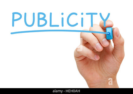 Hand writing the word Publicity with blue marker on transparent wipe board. Stock Photo