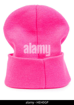 Children pink knitted hat isolated on white background Stock Photo