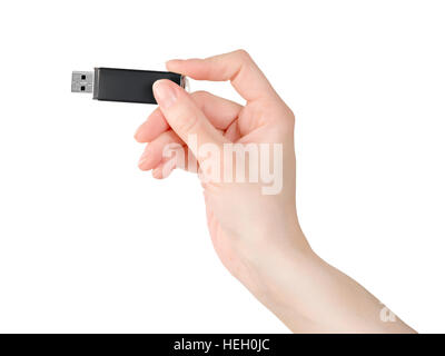 Woman hand holding flash card. Isolated on white, clipping path included Stock Photo