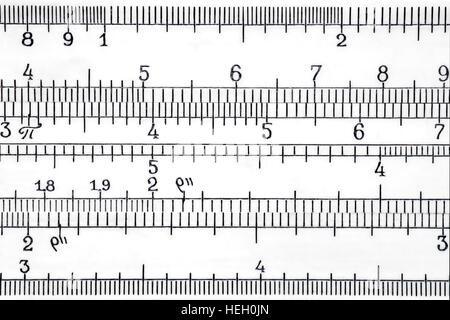 Logarithmic scale of the slide rule extremal close up. Mathematics and science abstract background Stock Photo
