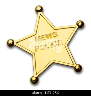 Gold Star News Police Badge Isolated on White Background. Stock Photo