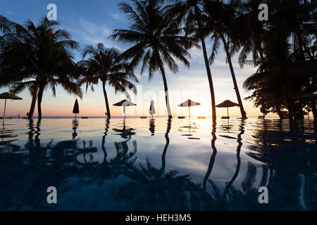 Sea shore palm trees with reflection in swimming pool water at a beach hotel resort, sunset Stock Photo