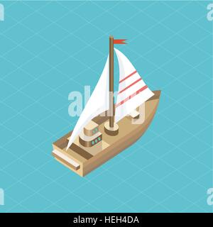 Yacht at sea isolated icon isometric. 3D Yacht sea, boat sailing, luxury yacht, sailing yacht, yacht race, isometric sailboat Stock Vector