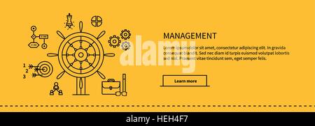 Icons for management, business tools in flat design. Poster banner on yellow. Management and marketing, lead and manage, Stock Vector