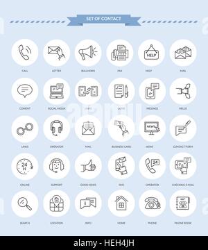 Set of thin, lines, outline icons of contact. Support concept set. Feedback icon. Contact icon set. Mail and clock, operator Stock Vector