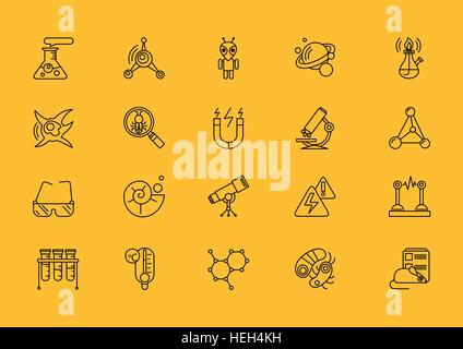 Set of science thin, lines, outline, strokes icons. Symbols of sciences tube, spiritlamp, bulb, magnet, microscope, telescope Stock Vector