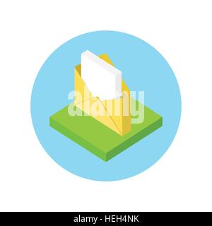 Isometric envelope yellow open design flat. 3D envelope and letter, envelope icon, mail and open envelope, envelope template, Stock Vector