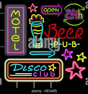 Neon signboard disco club, beer pub design flat. Retro neon vintage advertising, advertise light neon, hotel glowing, motel Stock Vector