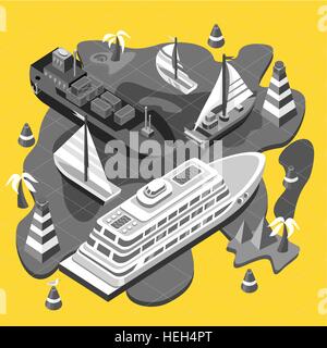 3d isometric set ships. Sea transport. Island and buoy, motorboat and containership, cruise and tanker, cargo shipping, boat Stock Vector