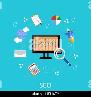 SEO icons poster on white. Pictogram websites and mobile applications. Search engine optimization. SEO optimization, Stock Vector