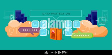 Data protection design flat concept. Data security privacy, security data stream backup, technology web, internet information Stock Vector