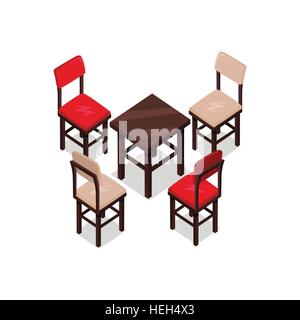 Chair and table isometric design. Office table chair isolated, isometric furniture, room interior, home furniture indoor and Stock Vector
