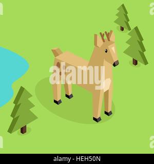 Wild animal deer isometric 3d design. Wild and animal, wild isolated, deer isometric, zoo deer nature, wildlife flat animal Stock Vector