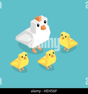 Isometric white chicken with yellow chick. Isometric white 3d chicken with yellow chickens isolated on background, cute a Stock Vector