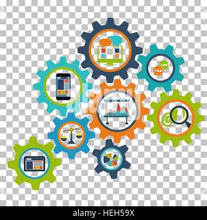 Concept of interconnection business processes, abstract design of gearwheel mechanism of modern devices Stock Vector