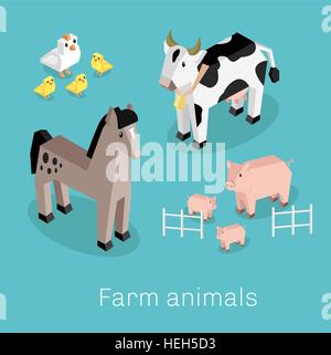 Farm animal set isometric 3d design. Cow and pig, sheep and chicken, farm animals, nature 3d natural livestock animal, fauna Stock Vector