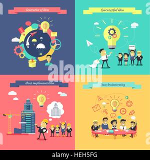Generation of ideas banners set. Brainstorming team implementation idea banner, teamwork get successful achievement of startup, Stock Vector