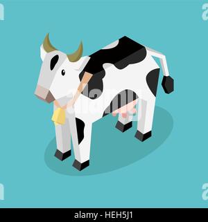 Black 3d Cow with White Spots. Black 3d cow with white spots. Isometric cow with a bell around her neck. Vector illustration Stock Vector