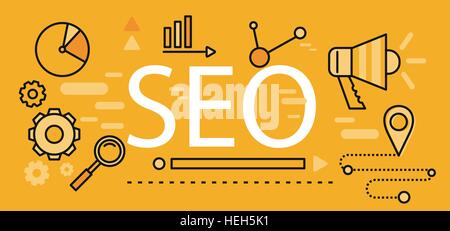 SEO icons line thin poster. Pictogram websites and mobile applications. Search engine optimization. SEO optimization, Stock Vector