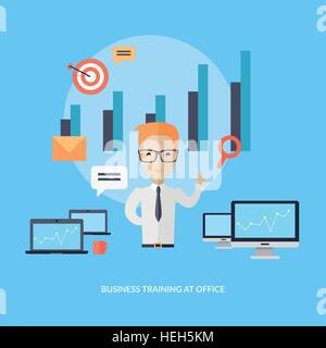 Business training at office banner. Banner successful young man with glasses mentor consultant, coaching and shows business Stock Vector
