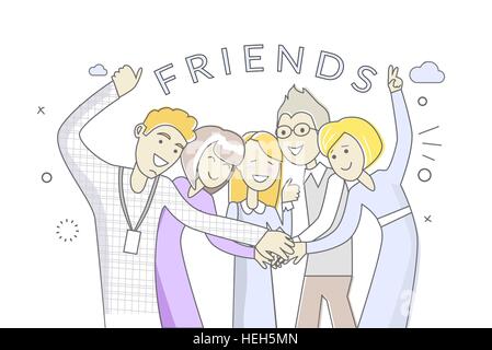 People friends man and woman design. Painted group of happy young people crossed her friends, boys and girls. Banner with happy Stock Vector