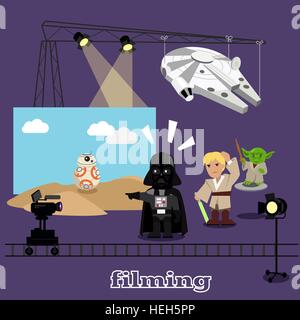 Film shootings camera and projector. Equipment for filming, professional camera on circular rails, it is glowing a bright Stock Vector