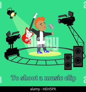 Music clip shooting camera and projector. Equipment for filming, professional camera on circular rails, it is glowing spotlight Stock Vector