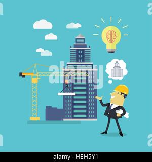 Implementation Ideas Architect. Implementation ideas architect. Successful architect in helmet and with blueprints in hand Stock Vector