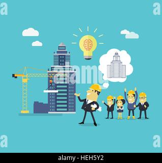 Implementation Ideas Architect. Implementation ideas architect. Successful architect in helmet and with blueprints in hand Stock Vector