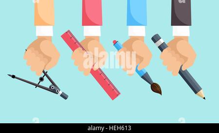 Set of Designer Tools. Set of hands with tools for design. Architect designer for project drawings. Architect hands with pencil Stock Vector