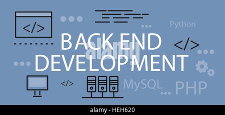 Back end Development Banner Concept. Back end development banner concept. Background or backdrop with elements icon on digital Stock Vector