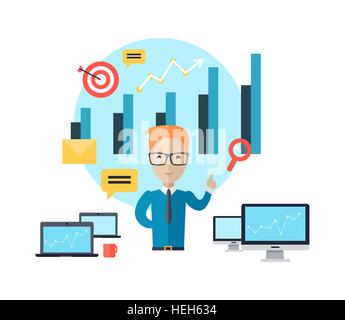 Business training at office banner. Banner successful young man with glasses mentor consultant, coaching and shows business Stock Vector