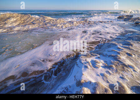 Ice covered coast of the Okhotsk sea, Sakhalin island Stock Photo