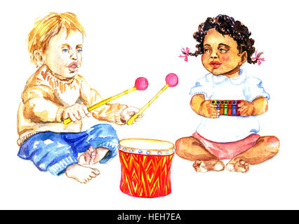 Babies playing drums and harmonica, child's music band, Hand Painted Watercolor Illustration Stock Photo