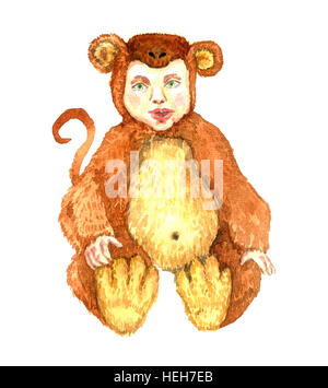 Cute baby sitting in monkey costume, Hand Painted Watercolor Illustration Isolated Stock Photo