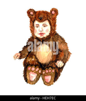 Cute baby sitting in bear costume, Hand Painted Watercolor Illustration Isolated Stock Photo