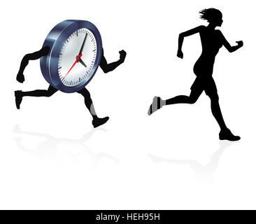 Woman runner in silhouette  running from a clock or racing it concept for time pressure or work life balance, being stressed or racing a deadline Stock Photo