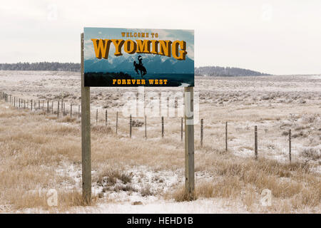 Welcome to Wyoming Forever West State Entry Sign Stock Photo