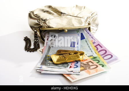 Purse with gold bars and Euro bills Stock Photo