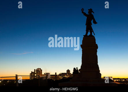 A statue to honour French explorer Samuel de Champlain. In his hand he holds his invention the astrolabe at Nepean Point, Ottawa, Ontario, Canada. Stock Photo