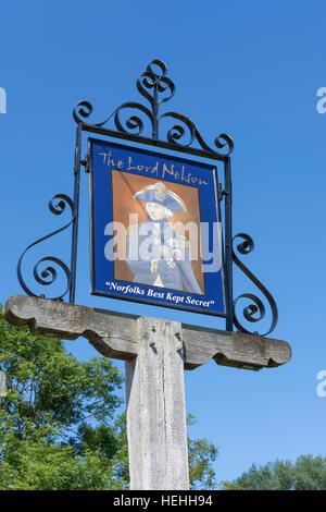 Pub sign of 17th century The Lord Nelson Pub, Walsingham Road, Burnham Thorpe, Norfolk, England, United Kingdom Stock Photo