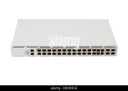 Fiber optic gigabit ethernet switch with SFP module slot and UTP category 5 connectors RJ-45 isolated on white background Stock Photo