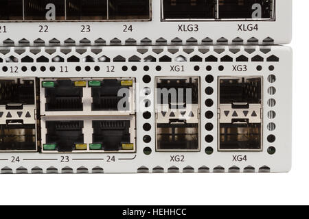 detail of fiber optic gigabit ethernet switch with SFP module slot and UTP category 5 connectors RJ-45 Stock Photo