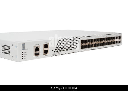 Fiber optic gigabit ethernet switch with SFP module slot and UTP category 5 connectors RJ-45 isolated on white background Stock Photo