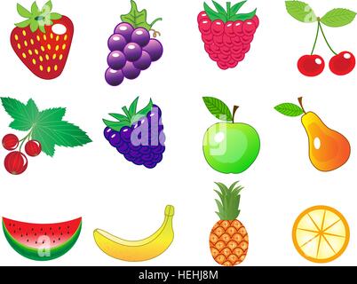 cute cartoon different fruits icons set, vector illustration Stock Vector