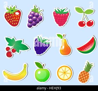 cute cartoon fruit sticker set, vector illustration Stock Vector