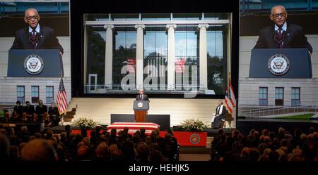 NASA Administrator Charles Bolden speaks at a memorial service celebrating the life of former NASA astronaut and U.S. Senator John Glenn at the Ohio State University Mershon Auditorium December 17, 2016 in Columbus, Ohio.